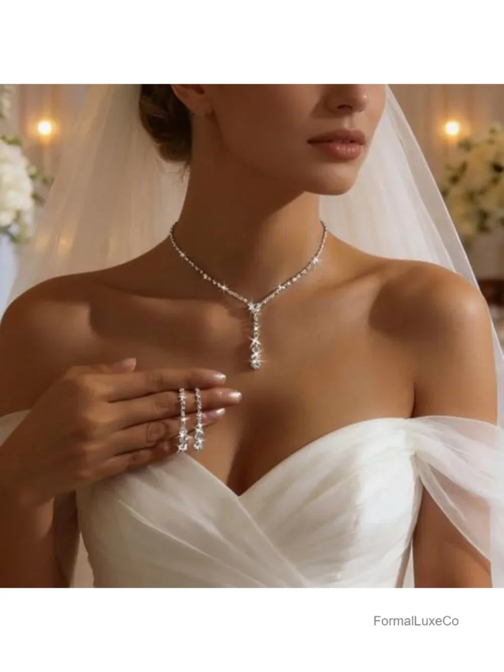 Silver Wedding Necklace and Earring Set Bridal Lariat Dangle Earrings Cubic